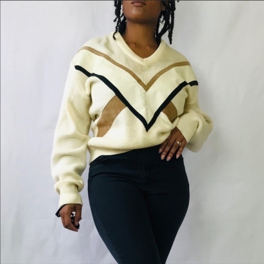 Vintage Alan Stuart knit Crew neck sweater Size small Leather Chevron Pattern